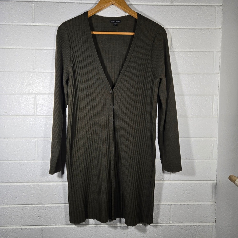 Eileen Fisher Ribbed Cardigan XL Ribbed Merino Wool Longline Minimalist Layers